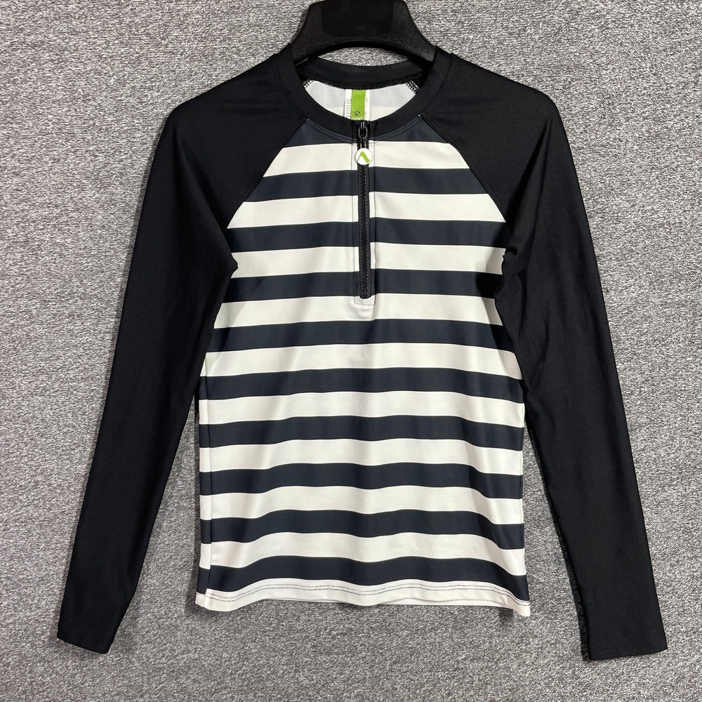 Next by Athena Swim Top Womens S Rash Guard Black White Striped Zip